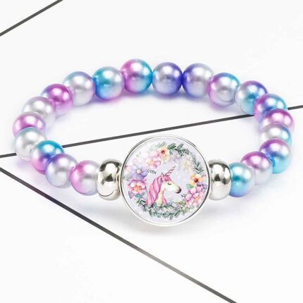Bracelet Licorne Perles Violettes Et Roses